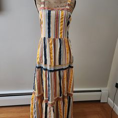 Striped Maxi Dress. Petit Size 8 With Yellow, Blue, White And Red Colors. Casual Multicolor Maxi Dress For Daytime, Daytime Multicolor Cotton Dresses, Multicolor Cotton Dresses For Daytime, Yellow Sleeveless Lined Maxi Dress, Multicolor Fitted Dress For Daytime, Yellow Lined Midi Dress, Yellow Cotton Maxi Dress For Day Out, Mustard Cotton Vacation Dress, Mustard Cotton Dress For Vacation