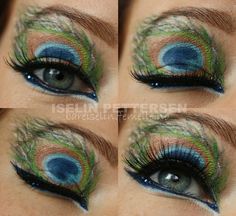 Peacock feather inspired eye make-up with blue crystal accents. Peacock Eye Makeup, Different Types Of Eyes, Smoky Eyes, Maquillage Halloween, Eye Art, Love Makeup