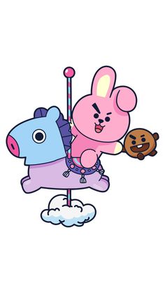 a cartoon character riding on the back of a pink and blue bear with a brown teddy bear