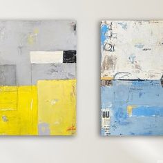 two paintings are shown side by side on the wall, one is blue and yellow