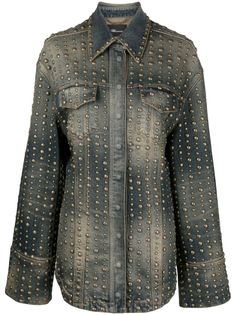 stud-design old-washed denim jacket from BLUMARINE featuring indigo blue, stretch-cotton, washed denim, stud embellishment, classic collar, concealed front press-stud fastening, drop shoulder, extra-long sleeves, buttoned cuffs, two chest flap pockets, tied waist, curved hem and distressed effect. Stud Clothing, Modern Heritage, Stud Design, Studded Jacket, B Fashion, Embellished Denim, Extra Long Sleeves, 2024 Fashion, Washed Denim