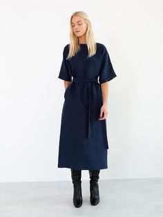 CLEMENTINE Linen Dress / Kimono Summer Dress With Belt / Navy | Etsy Kimono Sleeve Dress, Linen Dress Summer, Dress Kimono, Mode Kimono, Sleeveless Linen Dress, Navy Blue Midi Dress, Linen Clothing, Linen Midi Dress, Dress Handmade