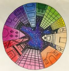 an image of a colorful wheel with buildings in the center and stars on it's side