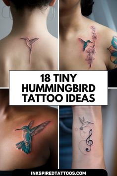 hummingbird tattoos on the back of women's shoulder and chest, with text overlay