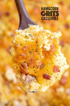 a spoon full of ham and grits casserole