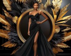 a woman in a black dress standing next to a gold and black background with feathers