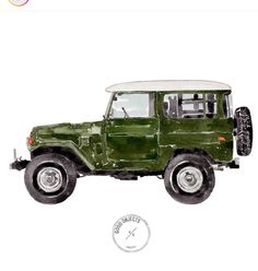 the green jeep is painted in watercolor