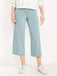 High-Waisted Wide Leg Cropped Leggings | Old Navy Stretch Cropped Leg Pants With Pull-on Style, Casual Stretch Yoga Pants With Pull-on Style, Versatile Pull-on Bottoms With 4-way Stretch, Comfort Stretch Ankle-length Pants With Elastic Waistband, Versatile Straight Leg Bottoms With Ribbed Waistband, Casual Bottoms With Ribbed Waistband For Work, Casual Leggings With 4-way Stretch And Elastic Waistband, Casual 4-way Stretch Leggings With Elastic Waistband, Versatile Yoga Pants For Spring Loungewear