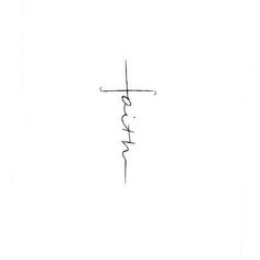 the word faith is written in cursive writing on a white background with a cross above it