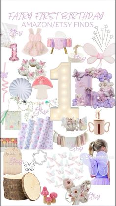 a collage of pink and purple items with the words happy first birthday