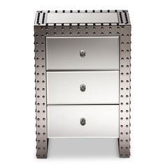 a silver nightstand with three drawers and rivets on the bottom, in front of a white background