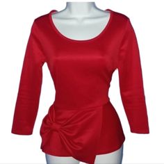 Women's Top / Amazing Red Blouse With Peplum Bottom And Large Attached Bow / Has Deep Scooped Neckline And Long Sleeves / Size X-Small But For Fitted Look **Seller Suggest Size Small** / Has Hidden Zipper Under Left Arm / Perfect Nwot Condition (2861) #Womens #Ladiesfashion #Dressup #Blouses #Long-Sleeved #Cherryred Fitted Party Blouse In Solid Color, Fitted Long Sleeve Peplum Top For Party, Stretch Peplum Top For Party, Red Fitted Top For Night Out, Chic Red Fitted Top, Elegant Fitted Red Top, Red Stretch Top For Evening, Fitted Red Blouse, Red Fitted Peplum Top