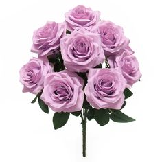 a bunch of purple roses sitting in a vase