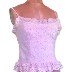 Sexy Pretty Camisole Top By Moschino In Pink Eyelet Cotton Ruffle Trim & Adjustable Spaghetti Straps. Darts & Side Zipper Allowing For A Fitted Look. No Yellowing I Have It Listed As Size 6 Based On Measurements Despite Label Which Displays A Us Size 10./ Italian Sz 44 Bust 33” Length: 12.5” ( Excluding The Top Ruffle) (Back Is Slightly Shorter) Authentic Moschino Feminine Sexy 60s Look It Was Hand Washed & Will Be Steamed Before Being Dispatched. Made In Italy Pink Fitted Camisole, Pink Fitted Sleeveless Camisole, Fitted Feminine Camisole, Feminine Fitted Sleeveless Tank Top, Fitted Feminine Tank Top, Fitted Ruffle Camisole Top, Fitted Ruffled Feminine Tank Top, Fitted Ruffled Cami Top, Pink Fitted Sleeveless Blouse