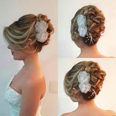 four different views of a woman's hair with flowers in the back and side