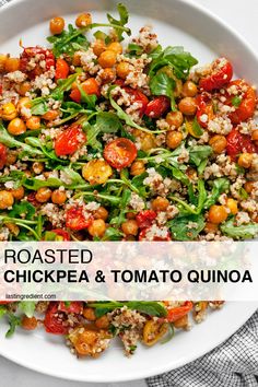 roasted chickpea and tomato quinoa salad on a white plate