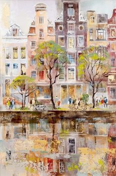 an oil painting of people walking on the sidewalk near water with buildings in the background