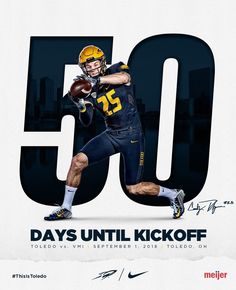 a football player holding a ball in front of the numbers 50 and fifty days until kickoff