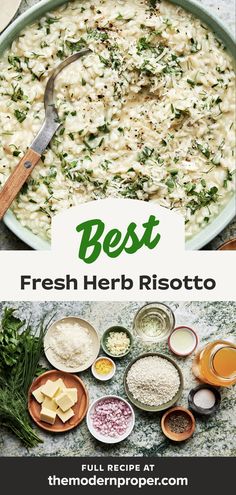 homemade herb risotto in a bowl with a serving spoon made with butter, parmesan and lemon Herb Risotto, Best Risotto, Chicken Stock Recipe, Green Herbs, How To Make Risotto, The Modern Proper, Modern Proper, Baked Tilapia, Risotto Rice