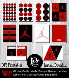 the jordan basketball logo is shown in red, black and white with some other items