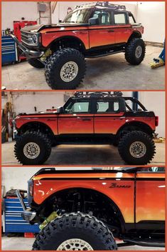 four pictures of an orange and black truck with big tires on it's sides