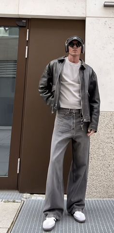 Off Duty Male Model Aesthetic, Vegas Outfits Nightlife Men, Leather Racer Jacket Men Outfit, High Fashion Winter Outfits Men, High Mens Fashion, French Men Street Style, Washed Black Denim Jacket Outfit, Model Off Duty Outfits Men, Male K Fashion