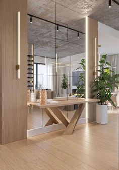 an office with wooden floors and modern lighting fixtures in the center, along with potted plants