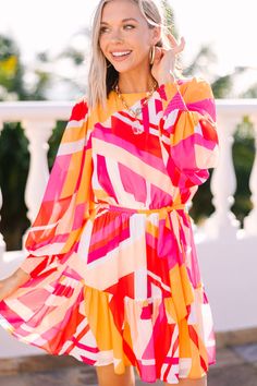 This long-sleeve dress captivates with its bright and colorful abstract print, creating a truly eye-catching ensemble. The tied waist flatters your figure, adding a touch of sophistication to the vibrant design. Perfect for an art gallery visit or a chic city stroll, this dress makes a bold fashion statement. This dress features a round neckline, long bubble sleeves, a colorful abstract print, and a tied waist.  Material has no amount of stretch.Cam is wearing the small. Script Analysis, Make Your Choice, Maximalist Style, Abstract Dress, Fiesta Birthday, Outfits Spring, Friend Outfits, Beauty And Lifestyle, Life Tips