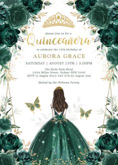 Emerald Enchanted Forest Quinceaera Princess Invitation #birthday #birthdayinvitations #happybirthday #zazzle #zazzleinvitation Princess Sweet 16, Invitations Quinceanera, Quince Invitations, Butterfly Invitations, Princess Invitations, Quinceanera Themes, Sweet 16 Invitations, Quinceanera Invitations, 15th Birthday