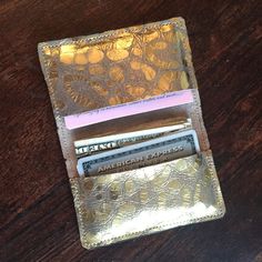 "This wallet is the fashionable answer to organization for a night on the town! Fits nicely in a purse! Folds to keep all your credit cards, ID's, business cards, bills all neatly in there!  Color: - Metallic Gold Leopard Embossed Leather - unlined - hardware - gold color Dimensions when open: 6\" x 4 1/8\" Folded dimensions:  2 7/8\" x 4 1/8\" **This item is handmade with care. Each wallet is unique in its own way. **I accept custom orders, and have many interesting wallets to choose from. Don't hesitate to send me a message with a special request!" Clip Wallet, Wallet Card, Money Clip Wallet, Fold Wallet, Metallic Gold, Embossed Leather, Card Wallet, Purse Wallet, Card Case