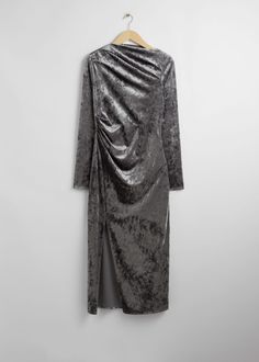 Long-sleeve velvet midi dress featuring draped detailing across the body.• Side slit• High neckLength of dress: 129cm / 50.8" (Size S) Louis Vuitton Taschen, Dress Drape, Grey Midi Dress, Velvet Midi Dress, Knit Outerwear, Blazer And Shorts, Popular Color, Fashion Story, Scarf Hairstyles