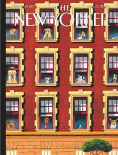 the new yorker magazine cover features dogs looking out windows at their owner and dog, who is sitting on a bench in front of an apartment building