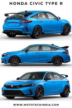 the new honda civic typer is shown in three different views, and it's blue