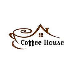 the coffee house logo is brown and has a cup on it with a saucer next to it