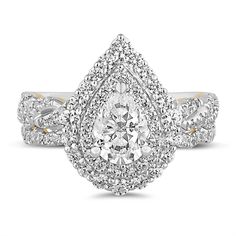 a pear shaped diamond ring with two rows of diamonds around it