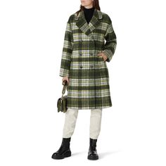 Green plaid printed wool (50% Wool, 50% Polyester). Coat. Long sleeves. Front double breasted button closure. Fully lined. Front pockets. Imported. Plaid Single Breasted Long Wool Coat, Plaid Long Wool Coat, Plaid Wool Trench Coat, Green Plaid Coat, Plaid Single-breasted Long Wool Coat, Red Pea Coat, Plaid Wool Button-up Outerwear, Plaid Wool Coat, Floral Coat