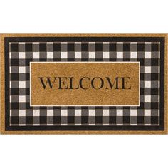 a welcome mat with the word welcome on it in black and white checkered pattern