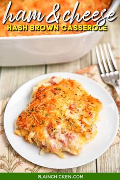 ham and cheese hash browns casserole on a white plate