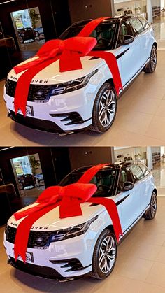 two pictures of a white car with a red bow on it's front and side