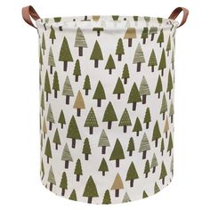 a white and green christmas tree pattern storage bag with handles on the bottom, in front of a white background