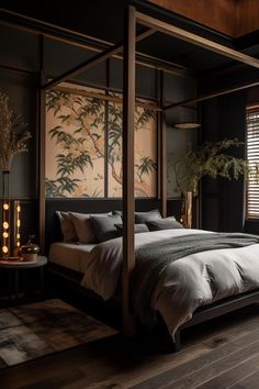 a large bed sitting in a bedroom next to a window with bamboo decorations on it