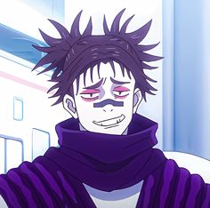 an anime character with black hair wearing a purple scarf