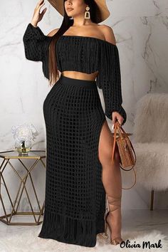 Color: Black, Size: S Two Piece Long Dress, Tassel Skirt, Crop Top Skirt Set, Skirt Two Piece, Two Piece Swimwear, Top Skirt Set, Beach Skirt, Crop Top Skirt, Swimwear Sets