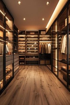 a walk in closet with wooden floors and lighting