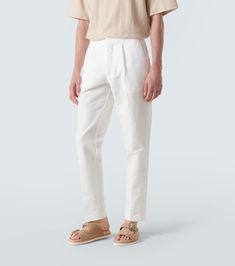 Find ORLEBAR BROWN Carsyn Linen And Cotton Tapered Pants on Editorialist. Material: 52% linen, 48% cotton. Care instructions: dry clean. Made in Portugal. Designer color name: Thasos Beach. Lining: 100% cotton. Thasos, Tapered Chinos, White Chinos, White Linen Pants, Orlebar Brown, Brown Outfit, Cotton Blazer, Cotton Chinos, Mens Chinos