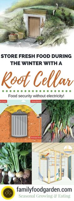 an advertisement for the winter with root cellar in front of a building and vegetables on display