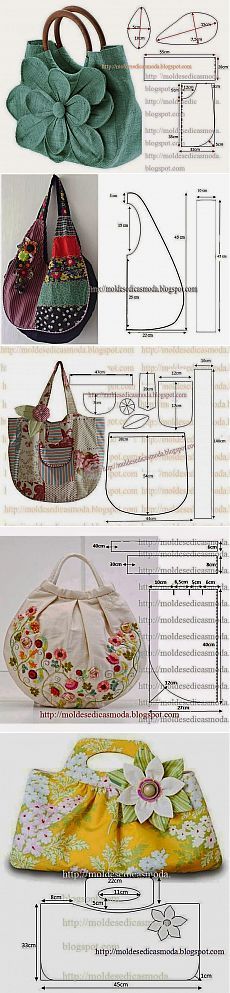 several different types of purses and handbags are shown in this graphic diagram, with instructions for how to sew them