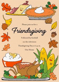 a thanksgiving card with an image of pies, corn and other foods on it