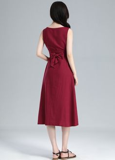 Women's Summer Linen Midi Dress Loose Fit Linen Dress - Etsy Burgundy A-line Summer Dress, Casual Burgundy Midi Dress For Summer, Burgundy Midi Length Summer Dress, Red Linen Knee-length Dress, Dress Loose Fit, Linen Midi Dress, Summer Linen, Line Dress, Dress With Pockets