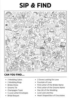 a coloring page with the words sip and find in it's center, surrounded by pictures